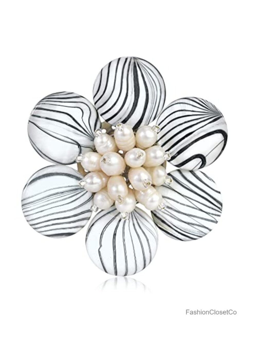 Hand-Painted Zebra Mother of Pearl Floral Brooch Pin